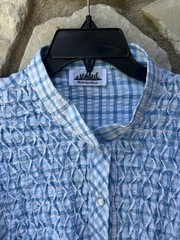 Vintage METROPOLITAN House Dress Robe L XL Blue Plaid Smocked Pearl Snaps EC