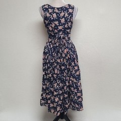 1970s Vintage Sita Blue Pink Floral Scoop Neck Tie-Waist Fit & Flare Midi Dress