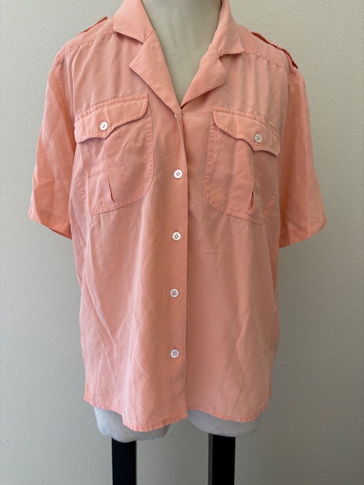 Vintage 90s Pink Salmon Silk Short Sleeve Button down Top M Oversize