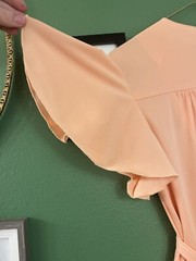 Vintage 1970s Maxi Dress 70s Flutter Sleeve Empire Waist Peach Full Length Gown