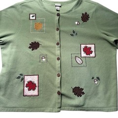 Fashion Bug Fall Leaves Cardigan Sweater Women’s 30/32W Green Embroidered Fleece
