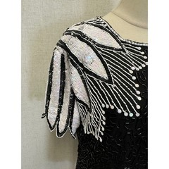 Stenay 100% Silk Beaded Sequin Black White Top Womens 14 Vintage Evening Blouse