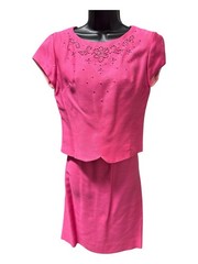 Vintage Marcy Allen International 3 Pc Barbie Pink Beaded Skirt Suit Set S/M
