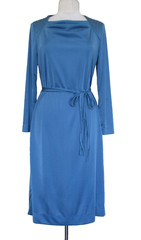 Vintage 70s Umba Parues Feinstein Dress Blue Nylon S/M Women Belted Long Sleeve