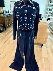 Rare 1970s Studded Allie Flynn Western Pant Suit Set Glam Rock Bell Bottoms S/M
