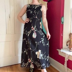 Vintage 1990s Black Chiffon Dainty Muted Whimsygoth Grunge Floral Maxi Dress S