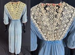 Edwardian Titanic Era Blue Striped Cotton Ivory Lace Pink Velvet Trim Dress VTG