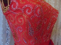 VTG 50S RED & WHITE OVERLAY DRESS GOLD & SILVER METALIC EMBROIDERY PETITE SM 32B