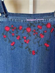 Vintage Premier International Denim Jean Jumper Dress 2X Embroidered Flower