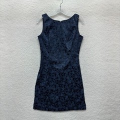 90s Vintage Jacquard Brocade Mini Dress 8 M Medium Navy Blue Floral Royal