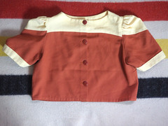 VTG 50s 60s Cream Brown Poly Hippy Boho Rockabilly Swing Button Crop Top Shirt M
