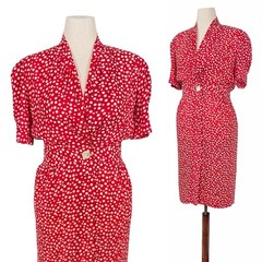 1980s Vintage Dress 80s Polka Dot Midi Red White Blouson Medium Retro Leslie Fay