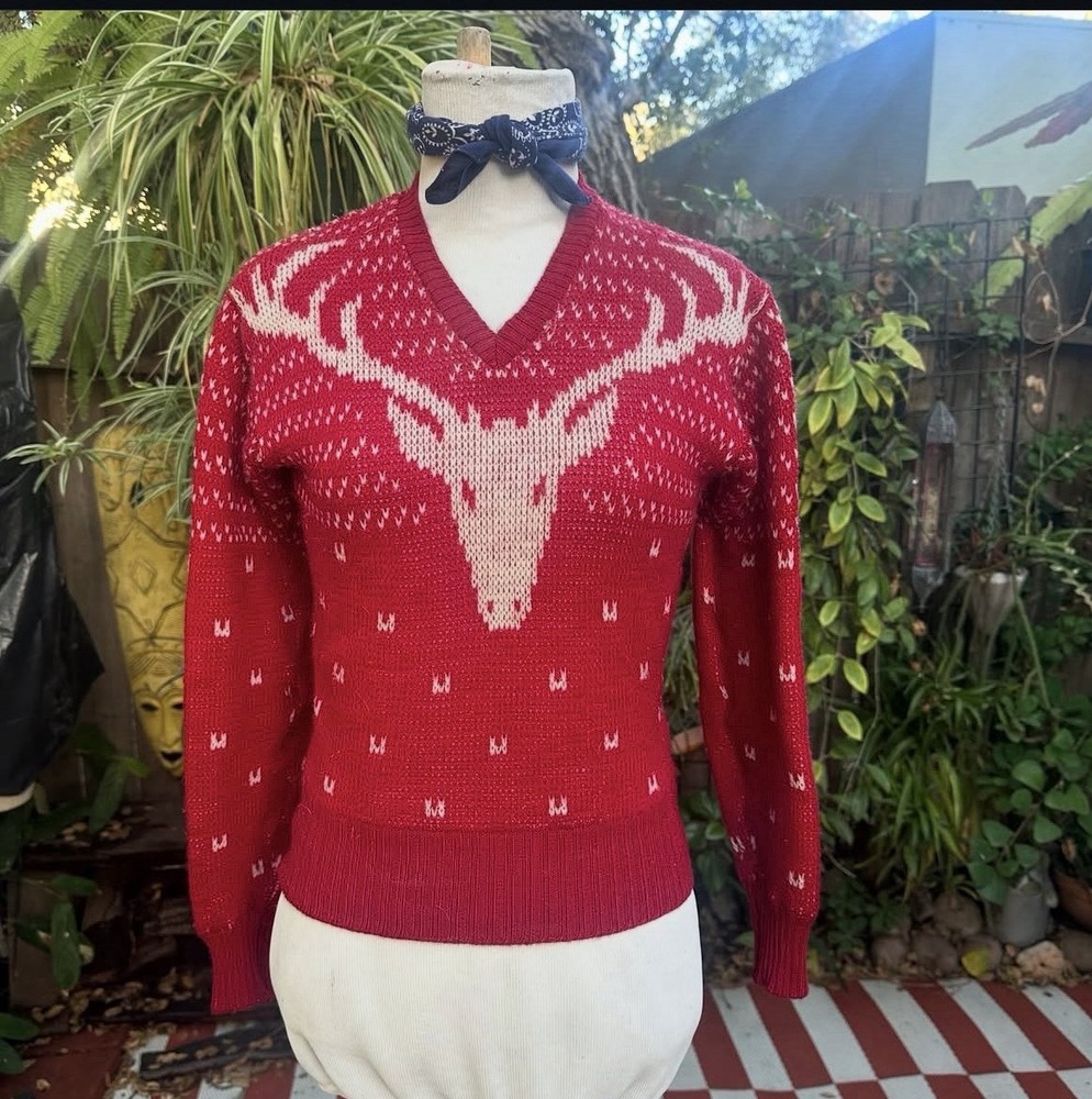 Vtg 50s Jantzen novelty Print Sweater S Deer Elk knit Rockabilly winter Ski