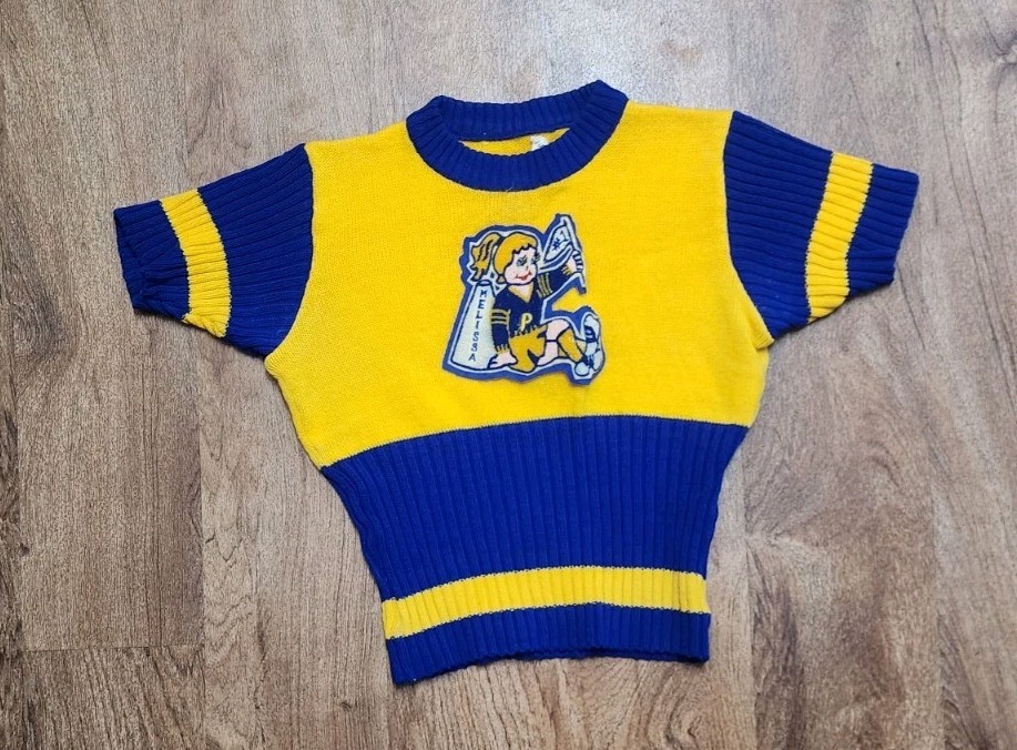 Women’s VTG 1High School CA Cheer Sweater Size Small Melissa Blue Yellow