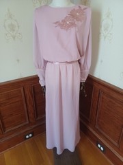Vintage 1970s/80s Union-Made Pink Chiffon Maxi-dress w/Satin + Pearl Accents