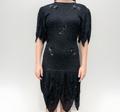 Vintage Frank Usher Black Silk Beaded & Sequin Dress Hand Woven M. Whimsigoth