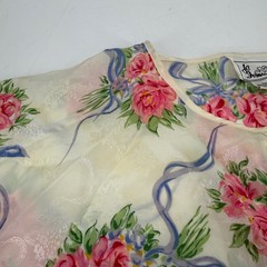 Vintage JO Intimates Floral Damask Pajama Top Medium Pink Rose Blue Ribbon Cream