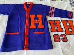 Letter Sweater, blue and orange, 1980s, Hoffman Estates plus letters