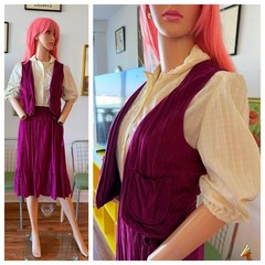 🍷 Vtg 70s Faux Suede Plum Vest Skirt Set Sheer Lace Blouse 3pc M Dress
