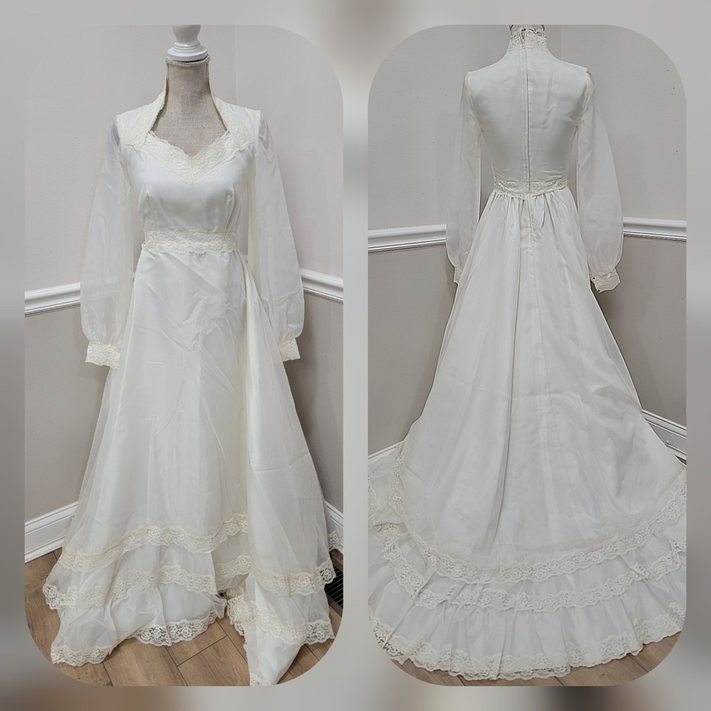 VTG’70s JCPENNEY Off White Organza/Prairie Pioneer Wedding Dress/Long Sleeve