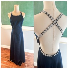 VTG 90s/ Y2K formal dress size juniors womens 5/6 navy blue and beaded trim