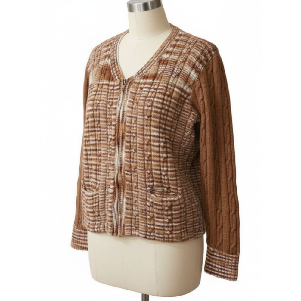 Vintage Handmade 70s Brown Plaid Chunky Knit Zip Cardigan Sweater LG