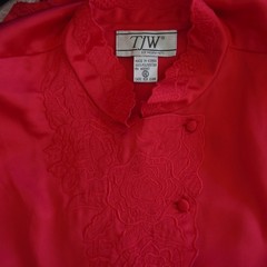 Vintage TJW Mervyns Satin Blouse 16 Red Mandarin Collar Lace Embroidered 80s Top