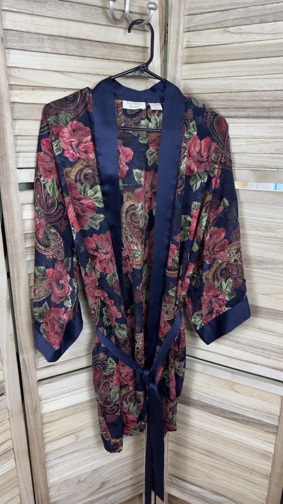 Vintage 80s VS Gold Label Poly Chiffon Floral Brocade Jacquard Kimono Robe
