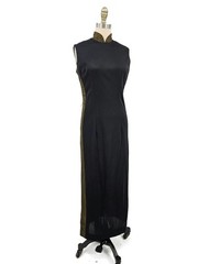 Vtg Alfred Shaheen Black Gold Cheongsam Dress Womens 10 Asian Inspired Slit