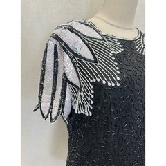Stenay 100% Silk Beaded Sequin Black White Top Womens 14 Vintage Evening Blouse