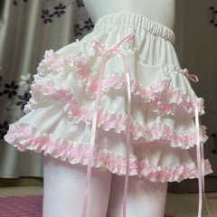 White Pink Ruffled Petticoat Skirt with Ribbon, Elastic Waist, Matching Bloomers