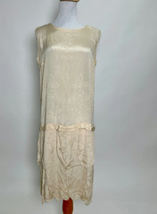 Vintage 1920s Beaded Leaf Panel Flapper Dress Cream Silk Satin AS IS Antique
