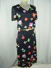 LEONARD PARIS Vtg 70s Black Green Lilac Floral Top & Skirt-Bust 34/Waist 26/XS