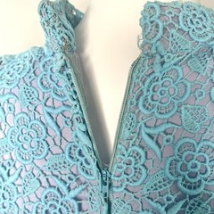 Vintage 60s 70s Tea Dress Crochet Overlay Long Sleeve Pleats Blue~XS~B32 W24 EUC