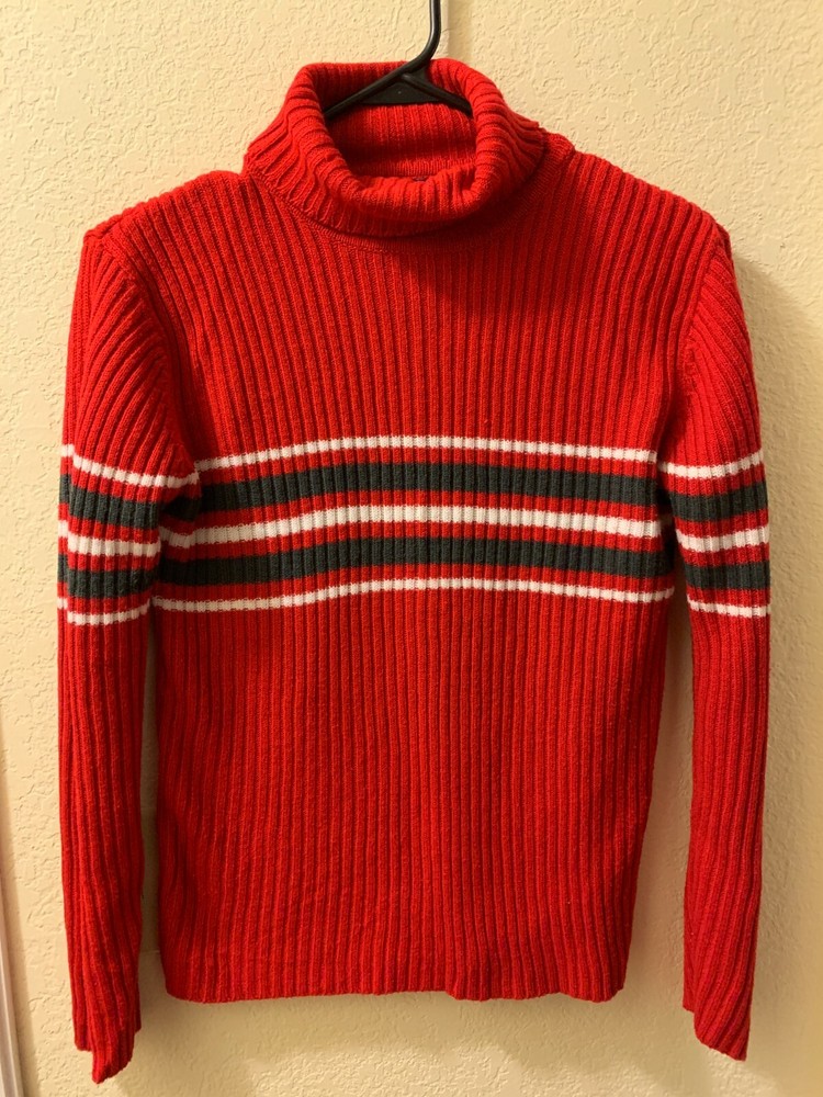 VINTAGE FUNDAMENTALS 100% ACRYLIC RED & STRIPES TURTLE NECK PULLOVER SIZE SMALL