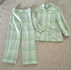 Vintage 70s Women’s Plaid Green Blue Pink White Polyester Leisure Suit