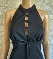 BOHO MODERN Vintage 70s LBD Halter Neck Cage Back Empire Waist MAXI DRESS – S/M