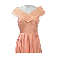 1950s Unbranded Taffeta Dress Portrait Collar Mid-Century Pink Retro Prom