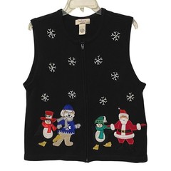Vtg Y2K Womens Christmas Holiday Zip Sweater Vest L Black Kitschy Grandmacore