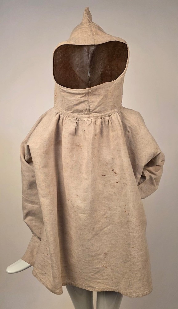 RARE 19TH C LINEN BEE KEEPER SMOCK SHIRT W METAL FACE SCREEN
