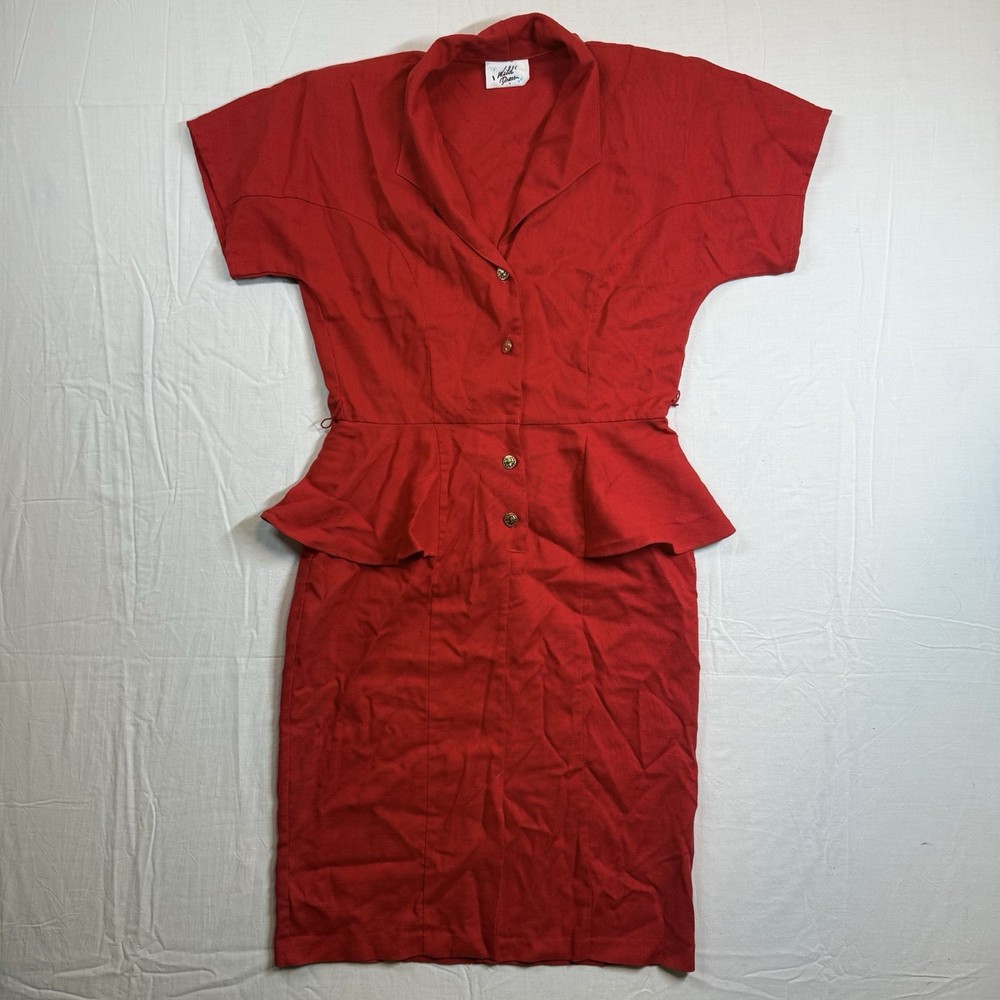 Vintage Wild Party Red Peplum Dress Gold Buttons Cocktail Officewear Sz 11/12