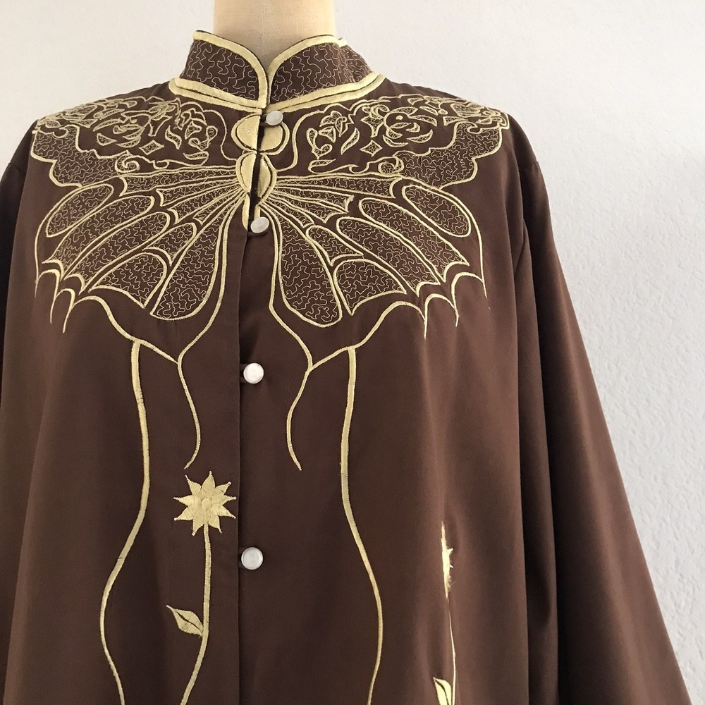 Vintage 70s Brown Cotton Blend Floral Butterfly Embroidered Relaxed Top Size L