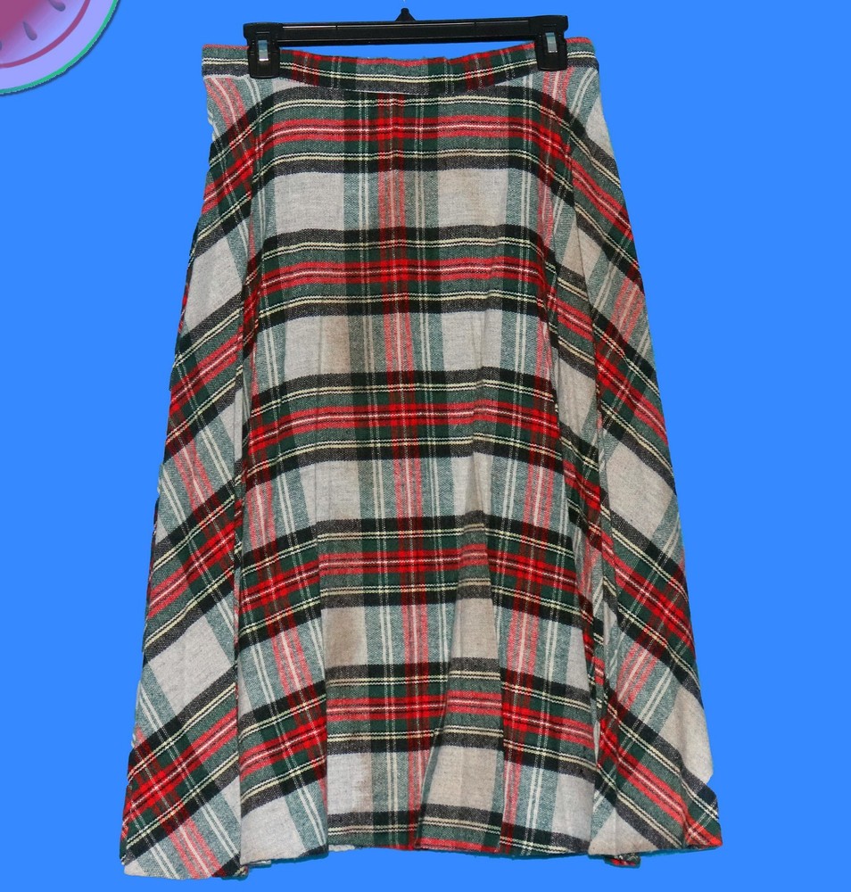 Vintage 70s Tartan Plaid MIDI CIRCLE SKIRT Academic Red Green Holiday 13/14