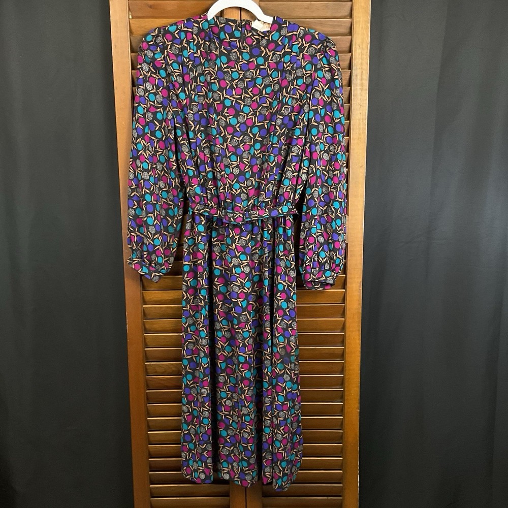 Vintage 80’s Lady Carol New York Midi Dress Pleated Colorful Floral Belted SZ 14
