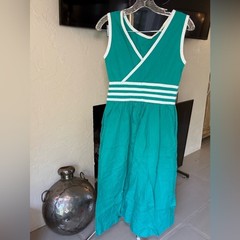Vintage Lanz Originals Teal Green White Striped Cotton Midi Dress Pockets Sz 10