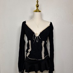 vintage Y2K fang black beige lace bow top ruffle fairy goth coquette milkmaid