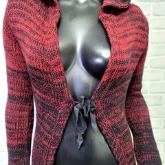 Vintage 90s TSP Womens S Red Black Ombre Open Knit Cardigan Duster Tie Front