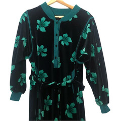 Vintage Robe Women Long Velour Black Teal Floral Button Belt Hawaiian Plumeria