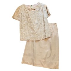 Vintage 60s 70s L’Aiglon Floral Lace Overlay Bow Top A Line Skirt Beige Size 14