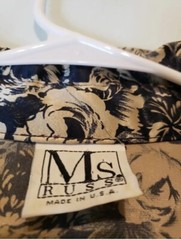 Vtg Ms Russ Womens 26W Blouse Midi Skirt Set Floral Gold Black Pull On USA